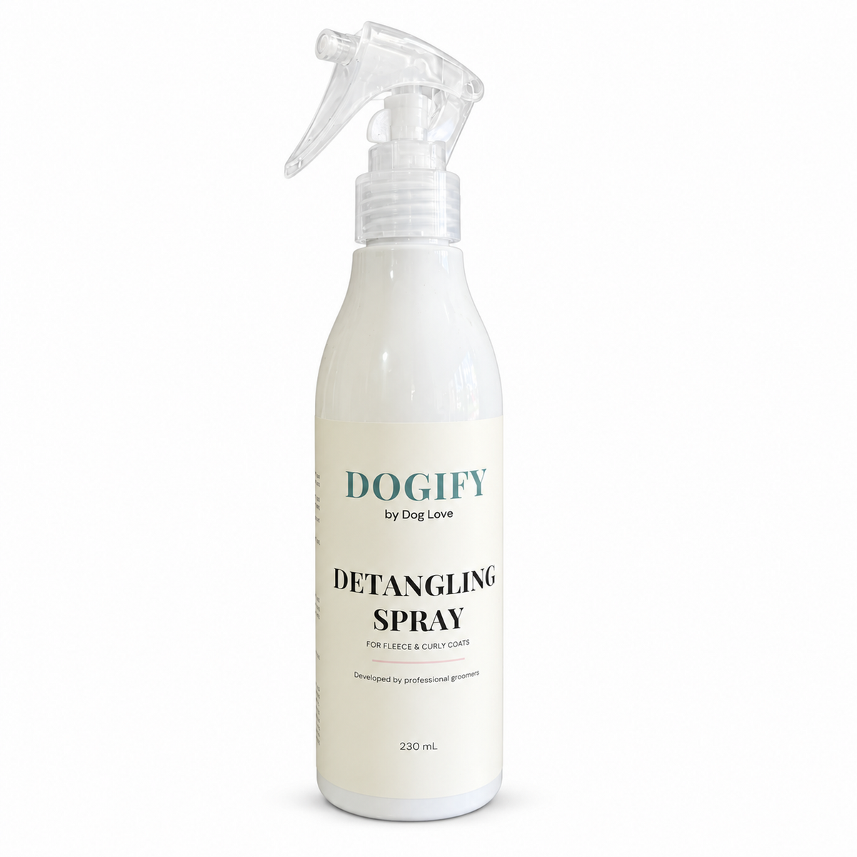 Dogify Detangling Spray 230mL bottle, front label, detangling spray for fleece and curly dog coats
