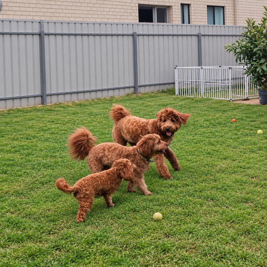 Three different sized Cavoodles playing together at Dog Love small dog daycare in Tranmere Adelaide