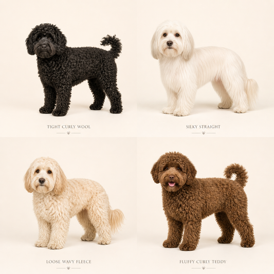 Four Moodle coat types compared — tight curly wool, silky straight Maltese coat, loose wavy fleece, and fluffy curly teddy