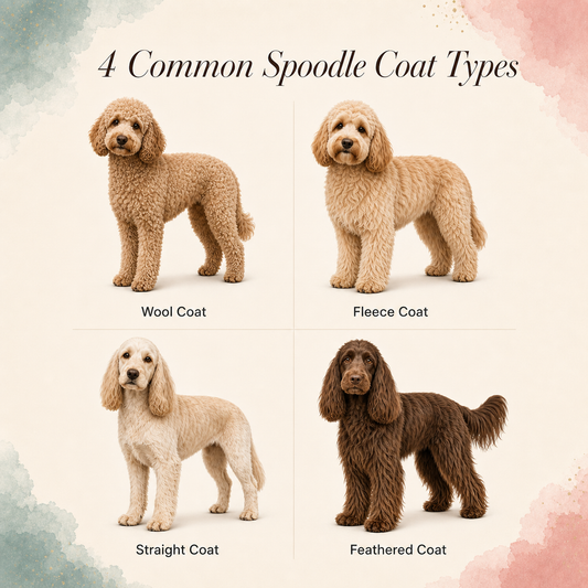 4 spoodles with different colours and different coat types.