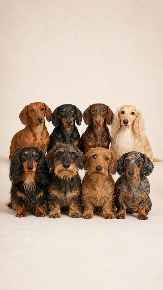 A group of Mini Dachshunds showing all three coat types and common colours — smooth red, smooth black and tan, longhaired cream, longhaired black and tan, wirehaired wild boar, wirehaired red, and dapple — photographed together on a soft cream background