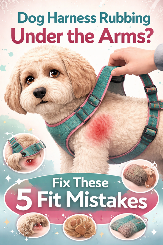 Cream doodle dog wearing a teal and pink harness, with visible red irritation under the front leg