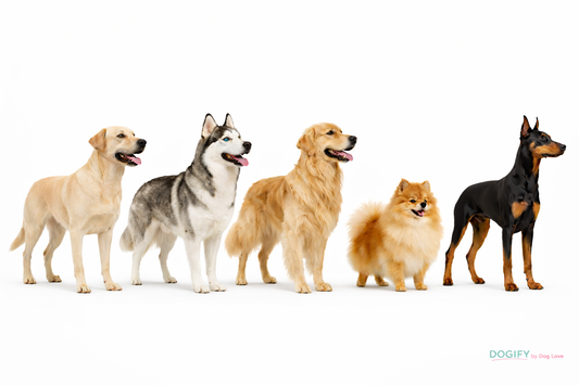 Five dog breeds showing different coat types — Labrador, Husky, Golden Retriever, Pomeranian and Doberman