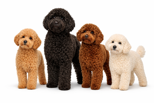 Four oodles standing side by side showing straight, wavy and curly coats