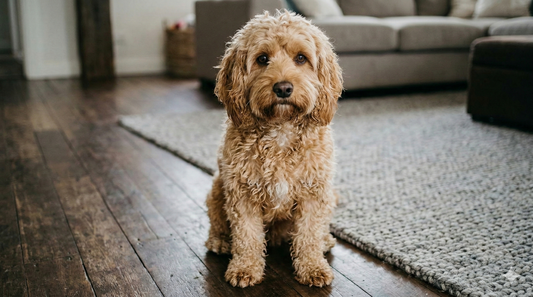 A downcast golden Cavoodle in an Adelaide home, highlighting its matted coat texture.