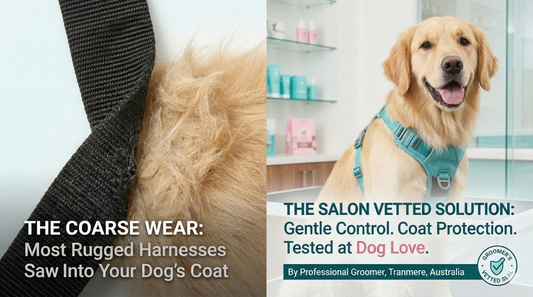 Comparison of coat damage from a standard nylon harness versus the coat-safe Dog Love Pro, featuring a 'Groomer Vetted' seal of approval from our Tranmere salon.