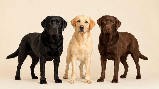 Three Labradors together showing the breed's three classic colours. Black, yellow, and chocolate Labradors photographed in a calm studio portrait demonstrating they all share the same coat structure