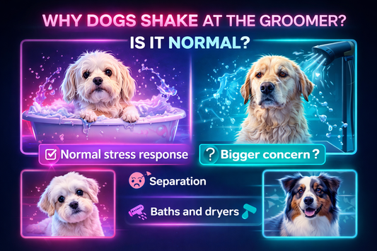 Why dogs shake at the groomer cover image explaining normal grooming stress responses in dogs