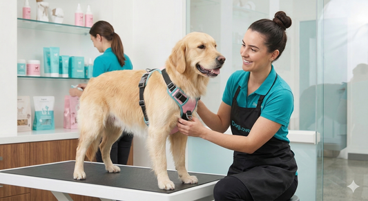 A groomer fitting a harness on a dog by wrapping the neck strap around and clipping it shut, so nothing passes over the dog's face