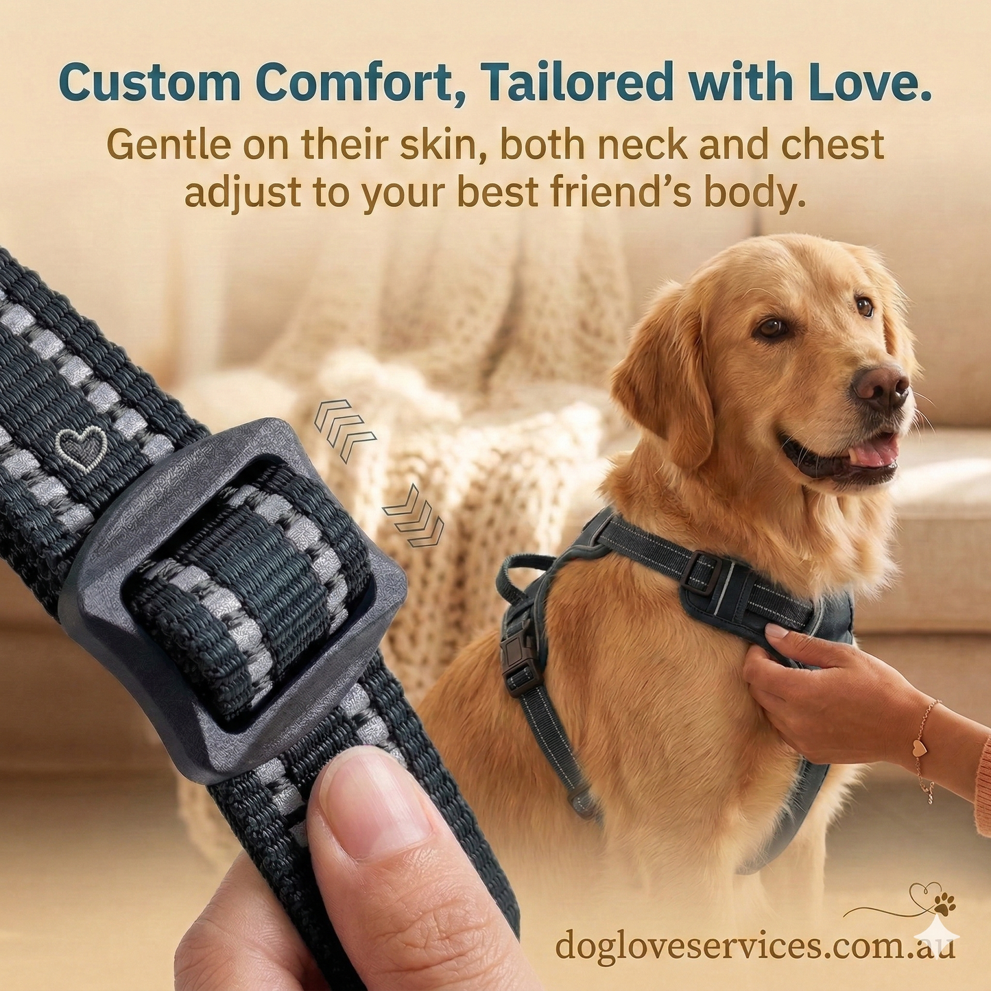 Close-up of a black Dog Love harness being adjusted on a Golden Retriever, emphasizing the soft high-density nylon webbing, custom neck and chest adjustability, and a subtle heart-patterned strap.