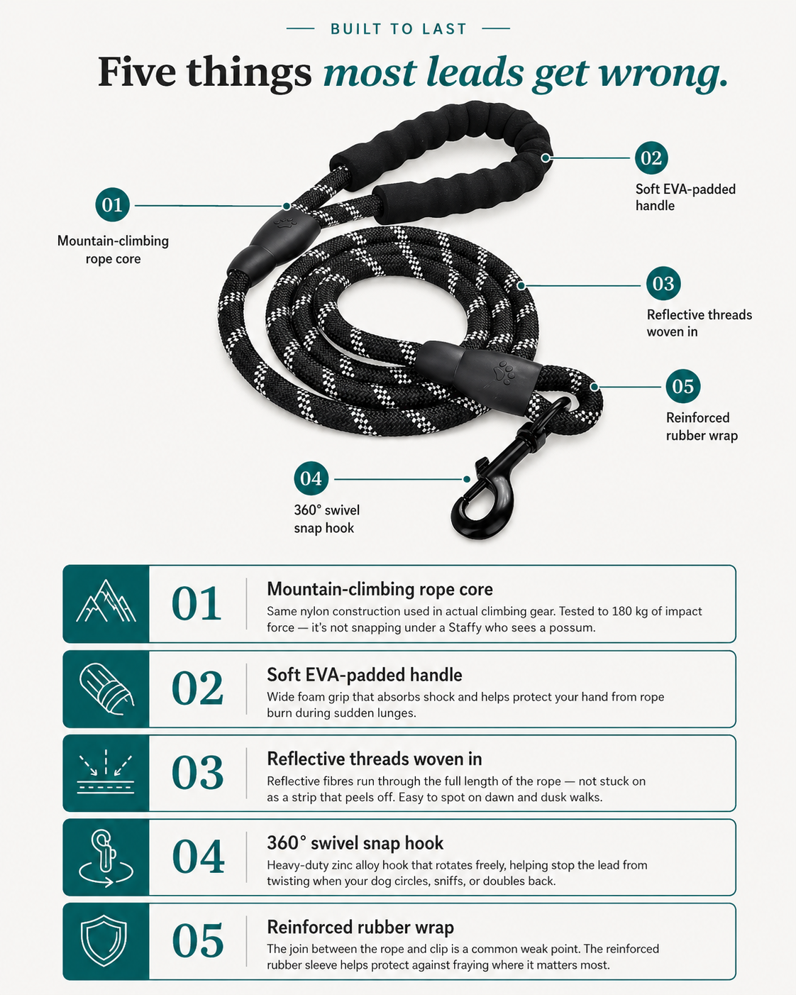 Mountain-Rope Dog Lead — Heavy-Duty 1.5m Lead with Reflective Threads