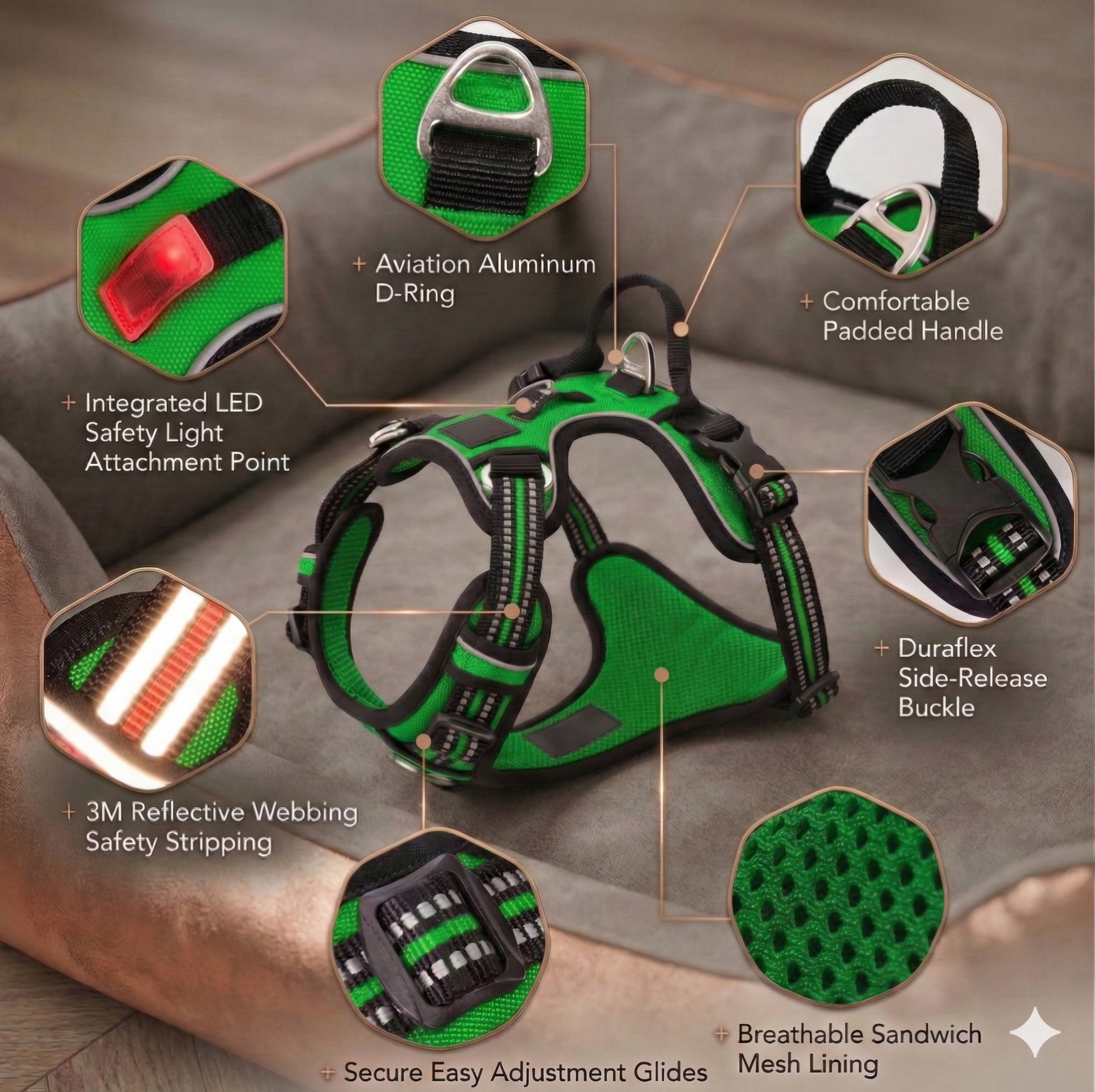 Close-up infographic of a bright green adjustable dog harness on a cozy pet bed, detailing safety and comfort features including a Duraflex buckle, padded handle, LED light attachment point, and reflective stripping.