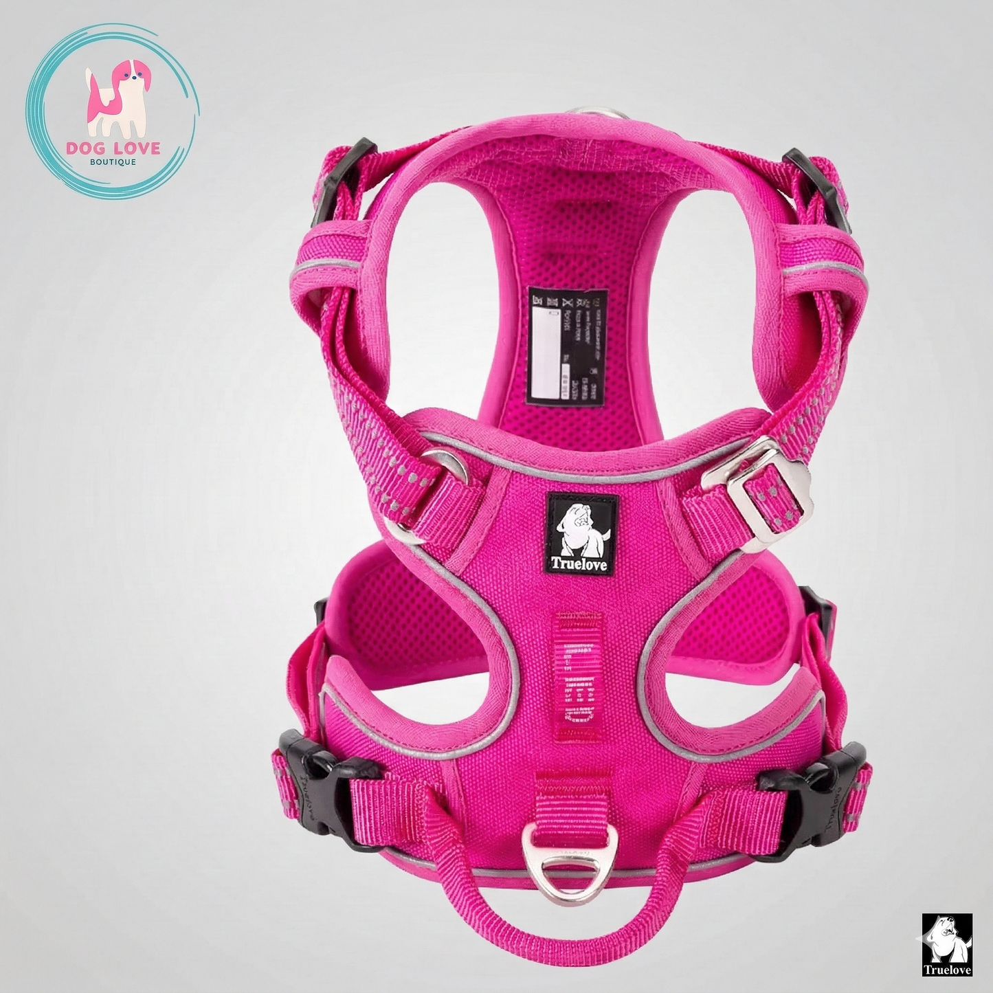 Front view of a hot pink Truelove brand dog harness on a white background, featuring comfortable padding, reflective trim, and multiple adjustment points for a secure, tailored fit.