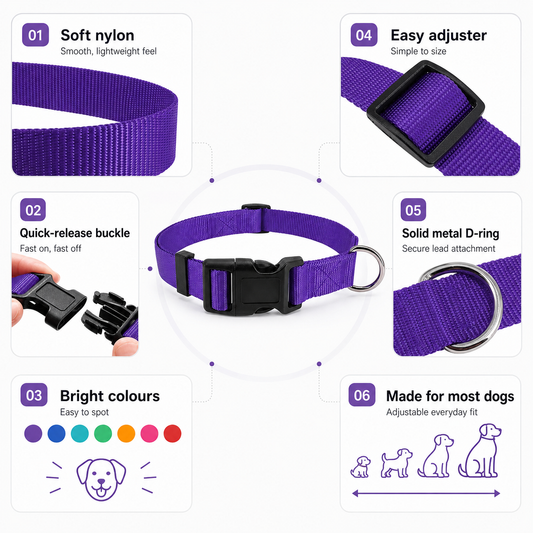 Lightweight Nylon Dog Collar, Soft Adjustable Everyday Collar in 7 Colours