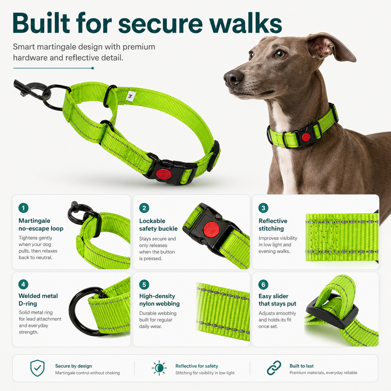 Martingale Lockable Dog Collar, No Escape Loop with Reflective Stitching
