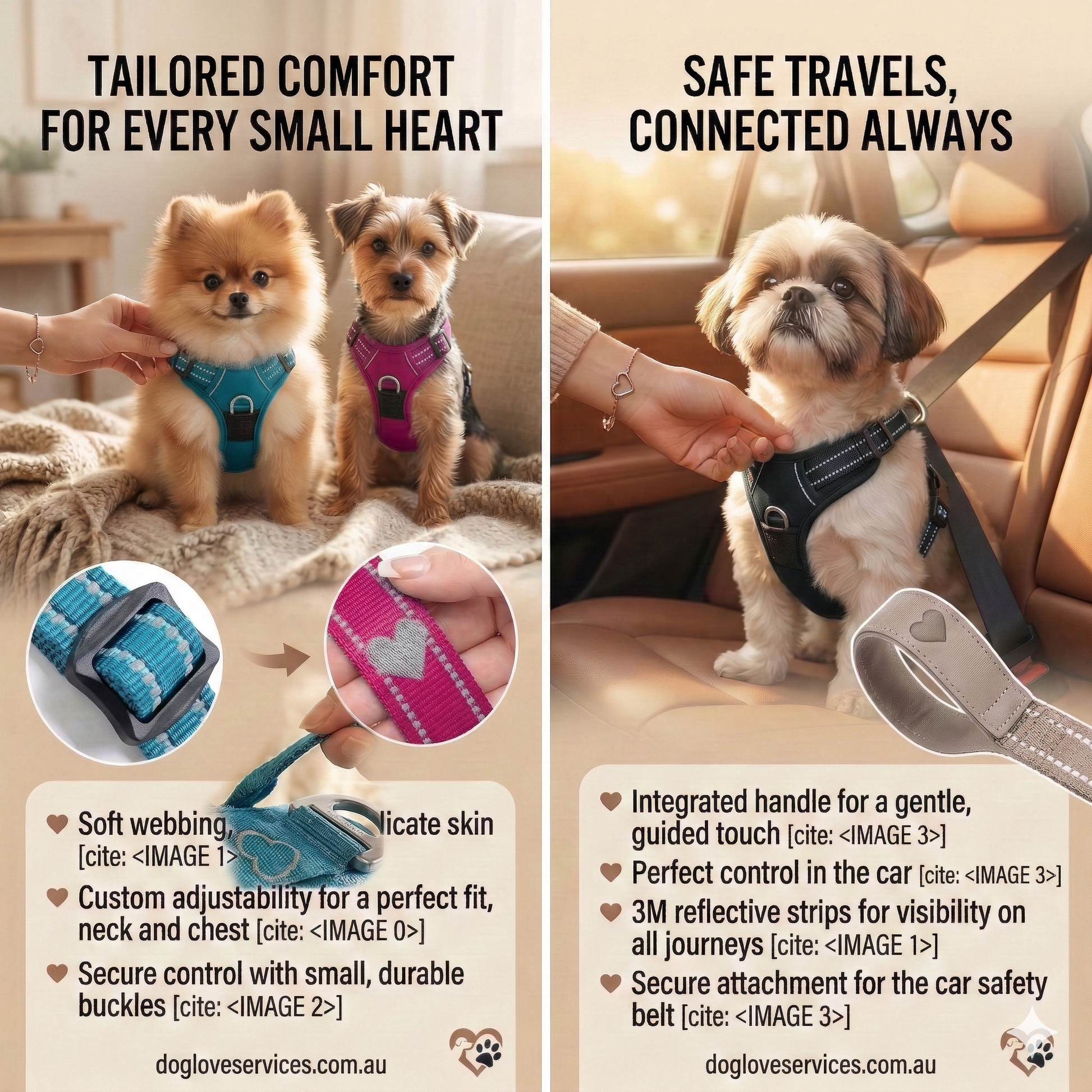 Split image from Dog Love Services showing two small fluffy dogs wearing  teal and pink harnesses on the left, and a Shih Tzu securely buckled into a car seat using the harness on the right, highlighting travel safety and custom fit.