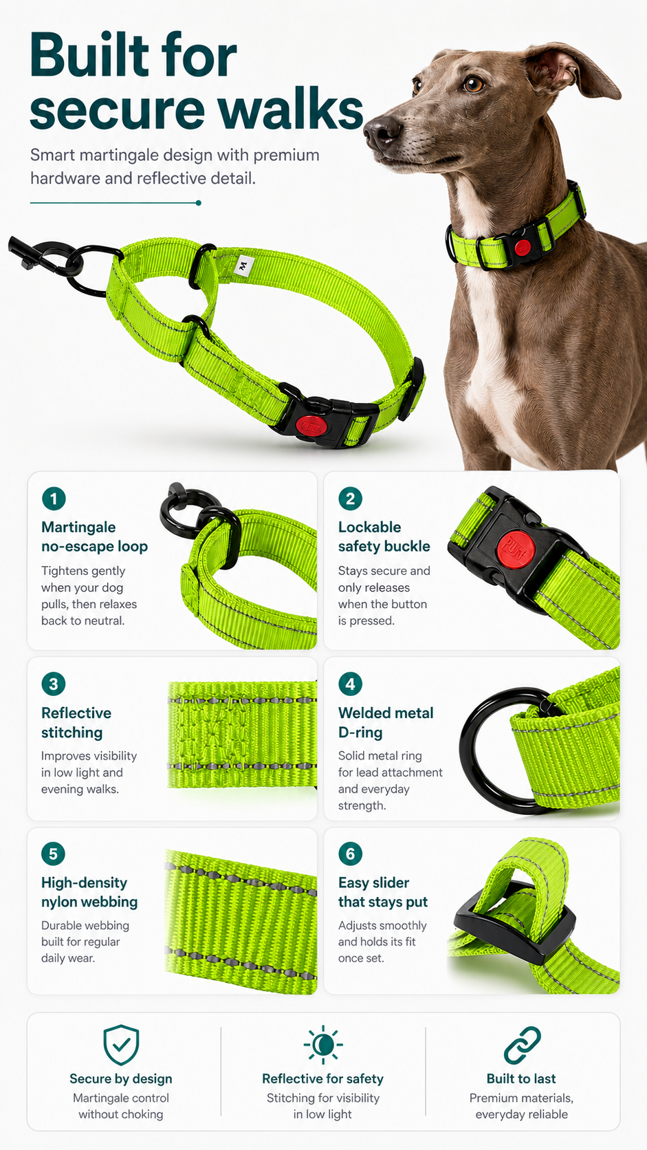 Martingale Lockable Dog Collar, No Escape Loop with Reflective Stitching
