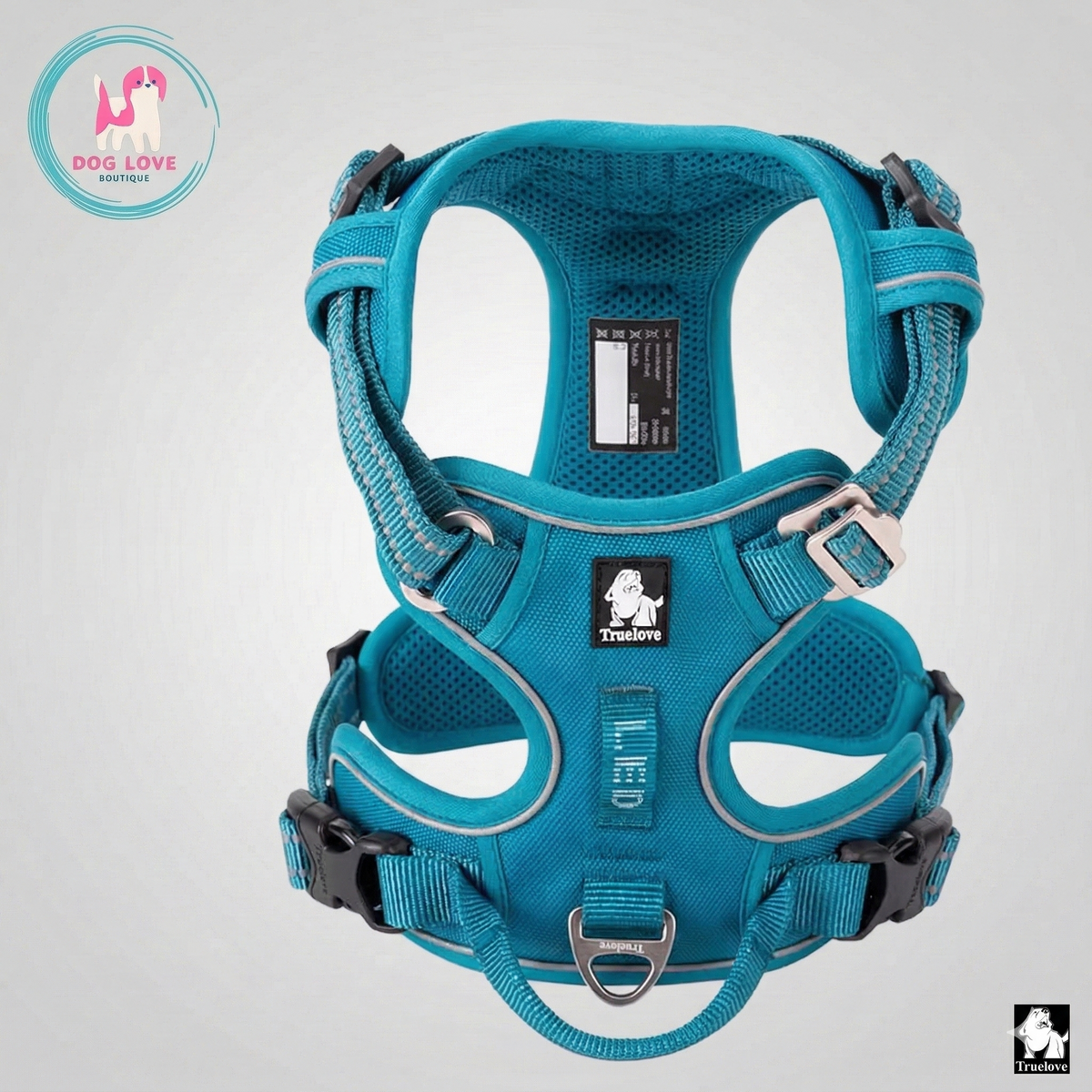 DogLove Pro No Pull dog harness in teal, front view showing the front D ring, adjustable straps, quick release buckles and breathable mesh padding