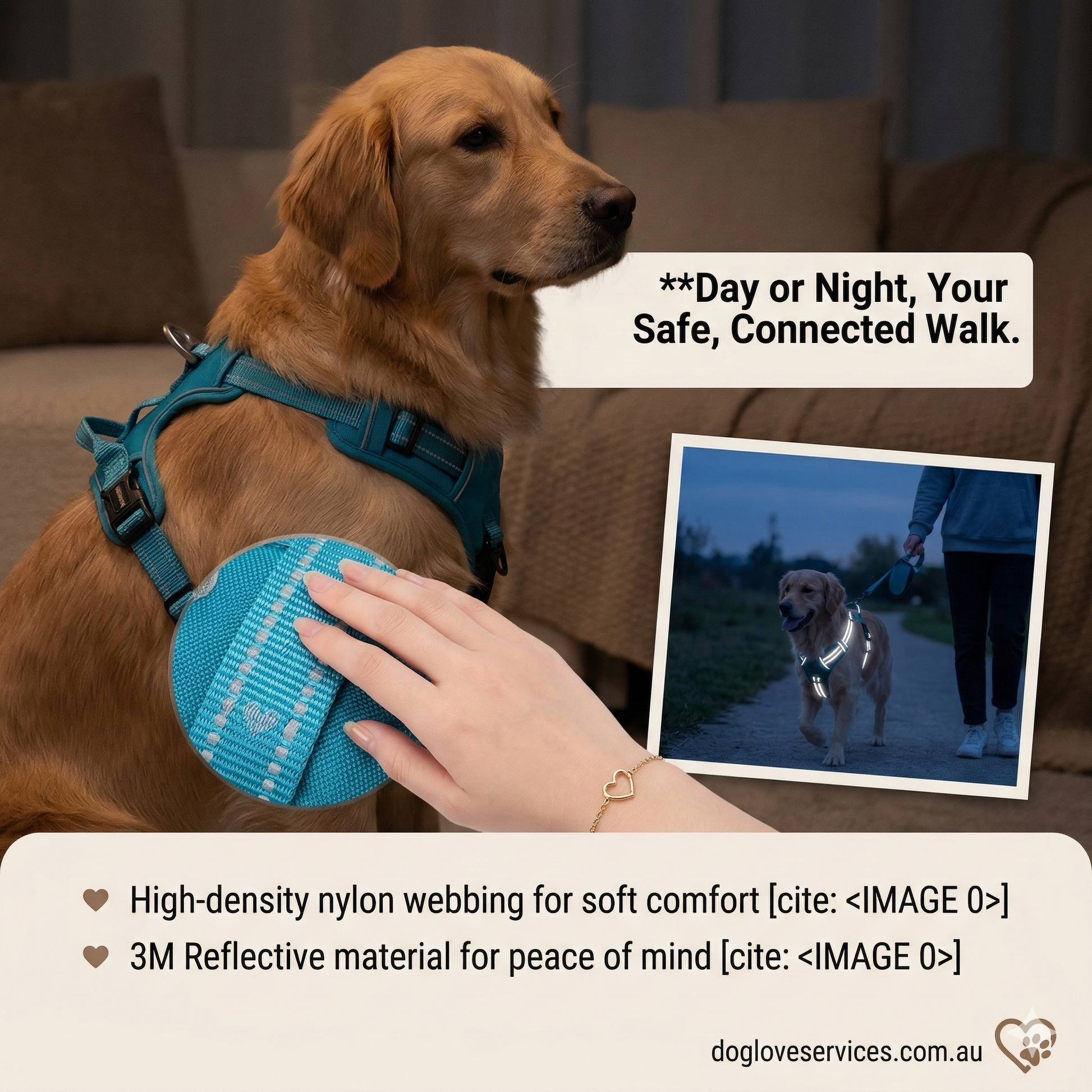 Promotional image featuring a Golden Retriever in a comfortable teal harness, with a callout on the high-density nylon webbing and a dark outdoor scene demonstrating the 3M reflective safety features for evening walks.