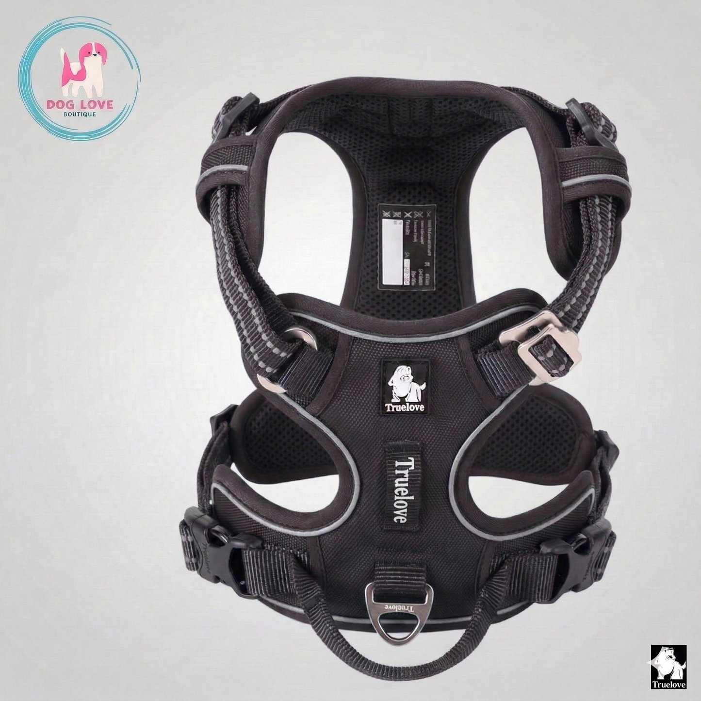 Front view of a sleek black Truelove brand dog harness on a white background, featuring a sturdy front leash attachment, padded chest piece, and reflective stitching for visibility.
