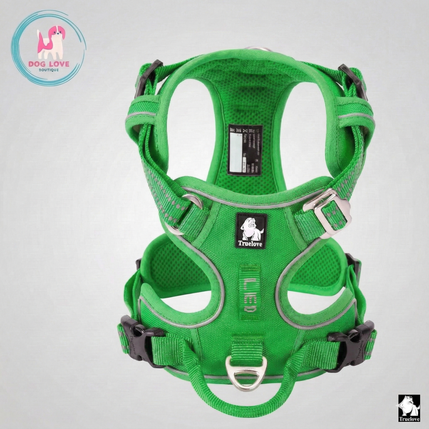 Front view of a vibrant green Truelove brand dog harness displayed on a white background, showcasing adjustable neck and chest straps, breathable mesh, and a secure front leash attachment point.