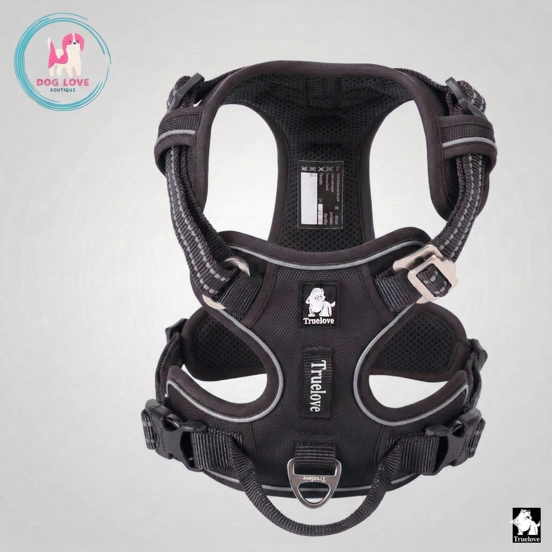 DogLove Pro No Pull dog harness in black, front view showing the front leash attachment, padded chest piece and reflective stitching