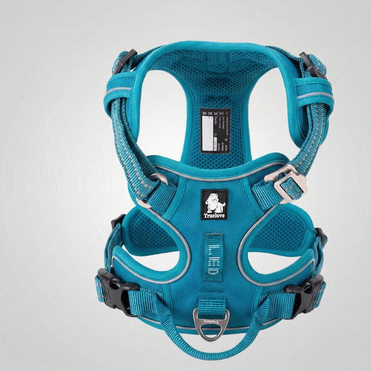 DogLove Pro No Pull dog harness in teal, front view showing the front D ring, adjustable straps, quick release buckles and breathable mesh padding