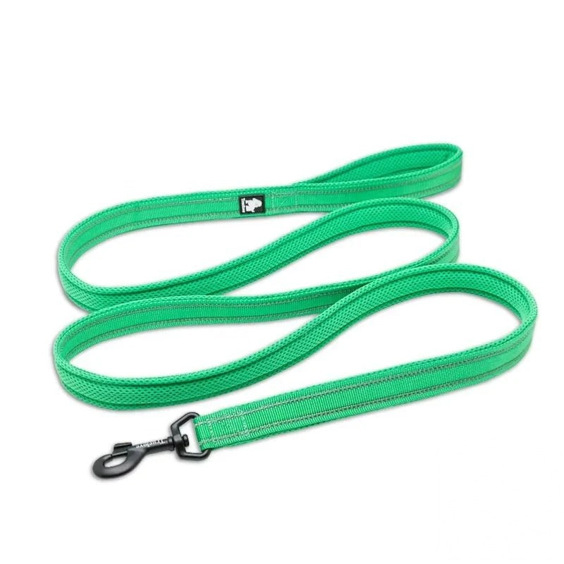DogLove Pro Signature Lead in Hot Green laid out flat, showing the padded handle and clip