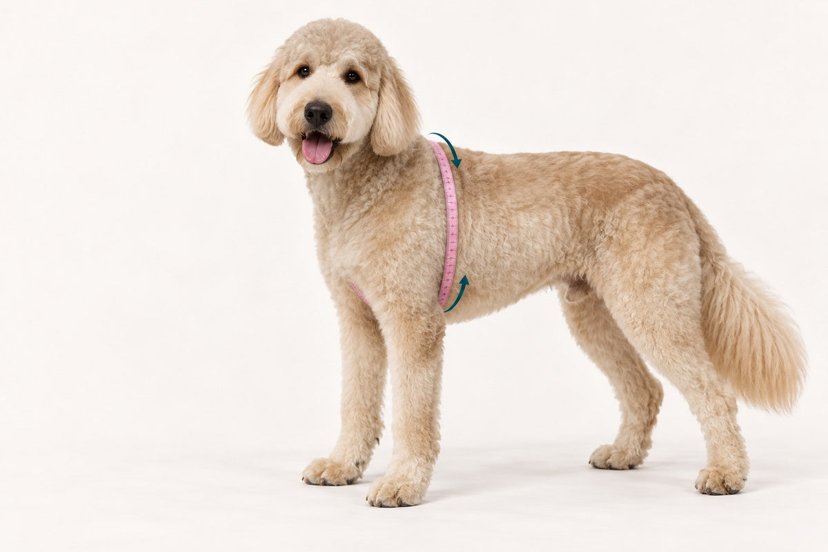 A soft tape measure wrapped around a dog's chest just behind the front legs
